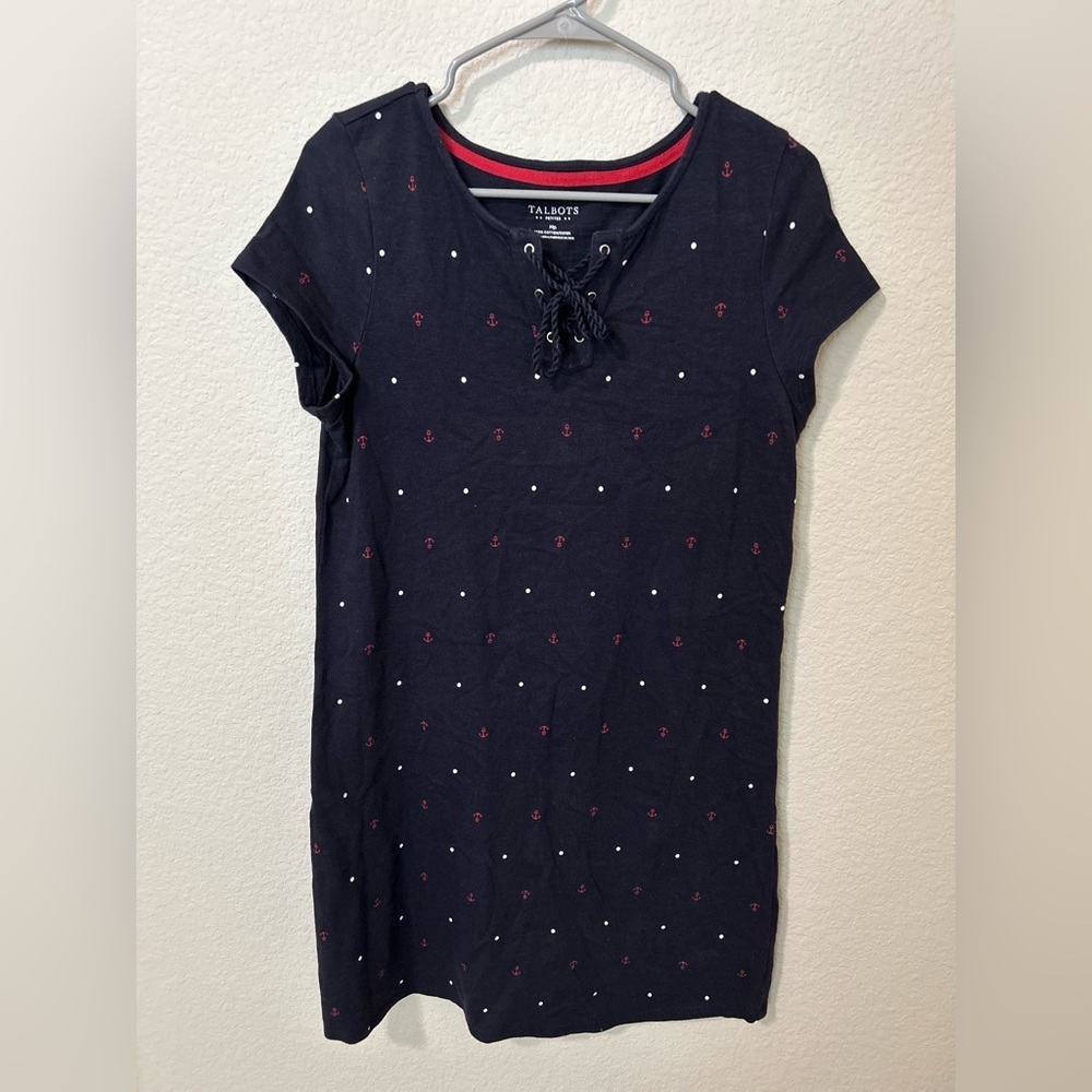 Talbots Petite Medium Navy Anchor Print Cotton Dress Nautical Tie Neck - Picture 3 of 5